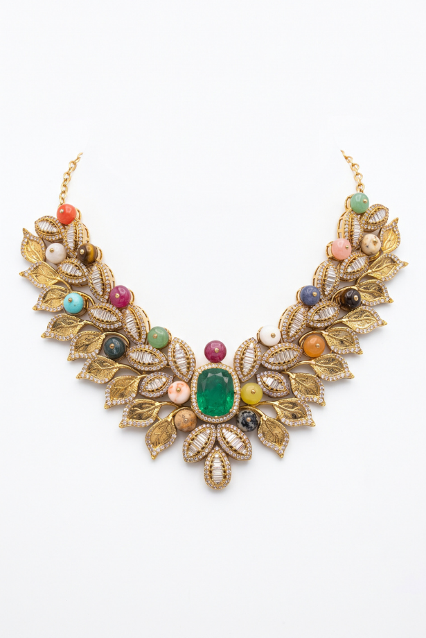 Verdant Gold Leaf Statement Necklace Set