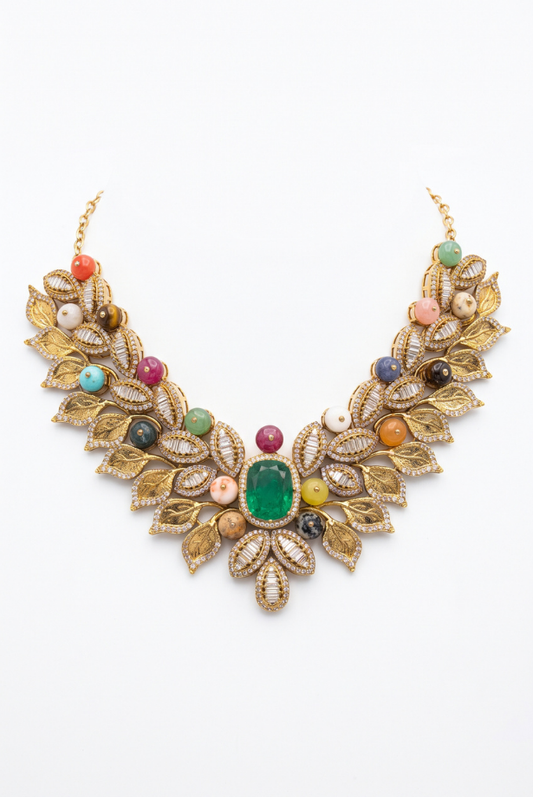 Verdant Gold Leaf Statement Necklace Set