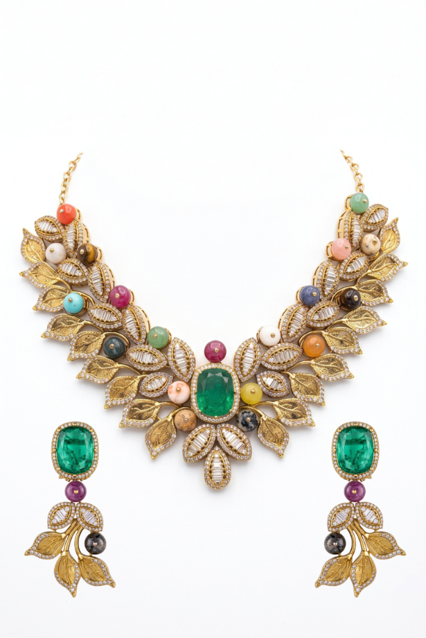 Verdant Gold Leaf Statement Necklace Set
