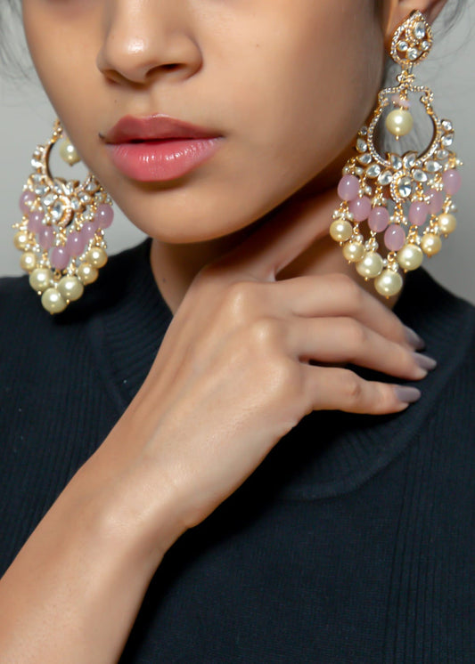 Pearl drops with pink beads chandbali earrings - LABELRM