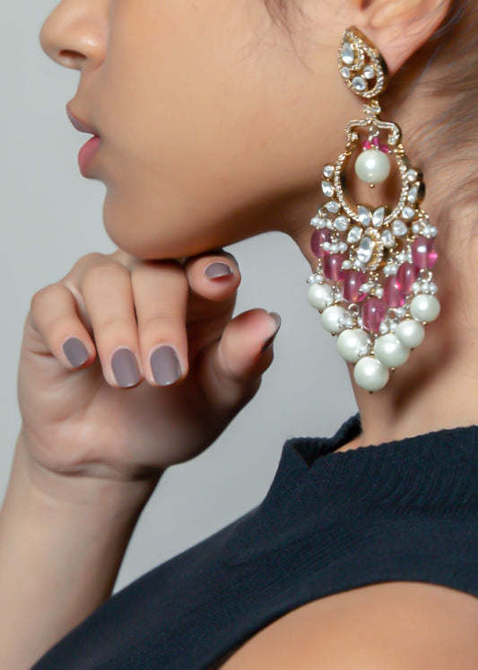 White pearl and pink Chandbali earrings - LABELRM