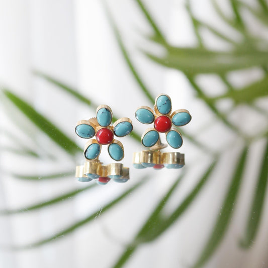 Vintage Turquoise and Coral Flower Earrings