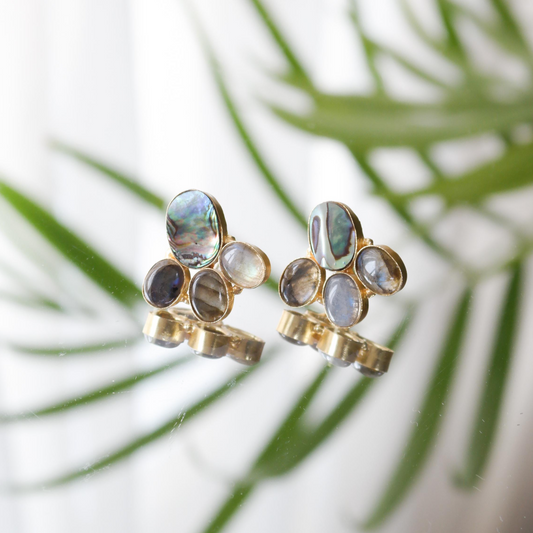 Vintage Abalone and Moonstone Cluster Earrings