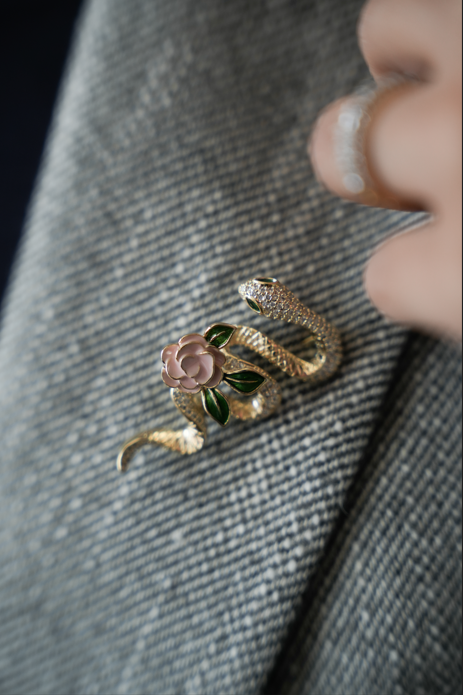 Gold Snake & Rose Brooch