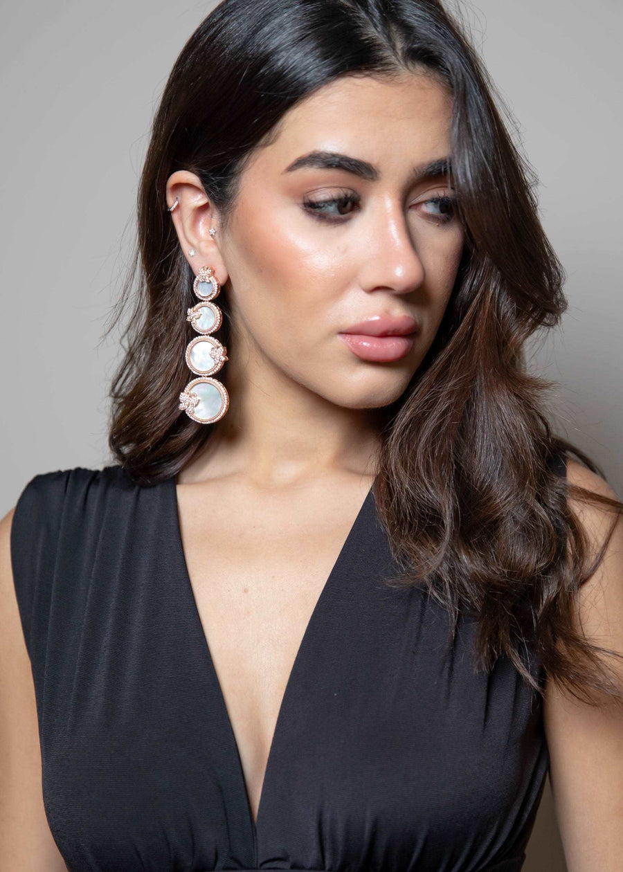 Mother of Pearl Long Earrings with zircon stones rose gold polish - LABELRM