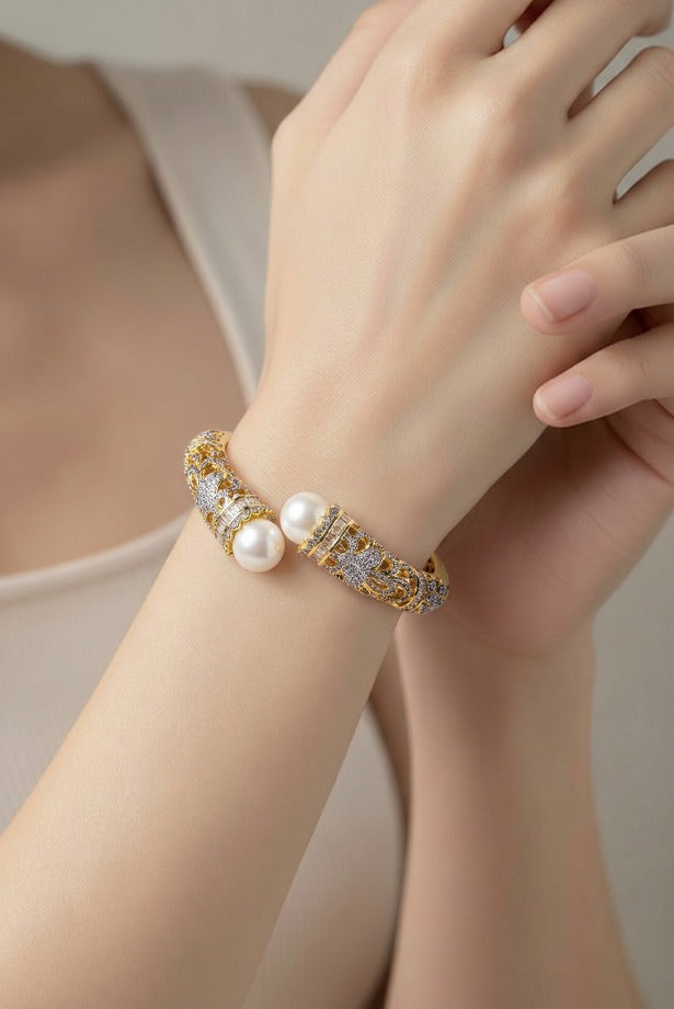 Pearl Filigree Open Bangle - Gold