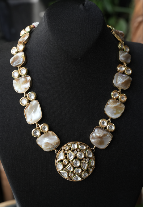 Mother-of-Pearl & Kundan Round Pendant Necklace
