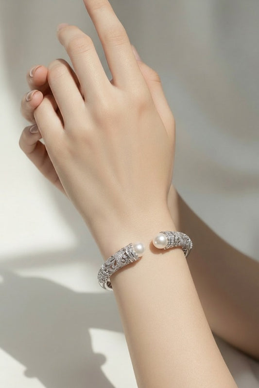 Pearl Filigree Open Bangle - Silver