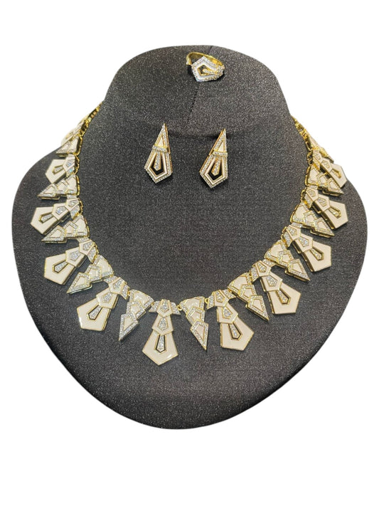 92.5 Silver Geometric Necklace Set with Necklace, Earrings, Ring & Bangle