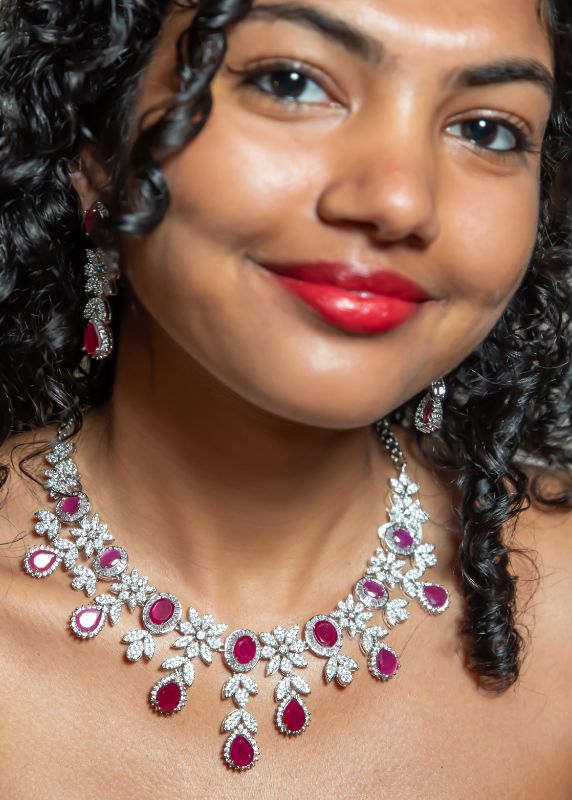 Red Ruby Diamond Necklace & Earring Set
