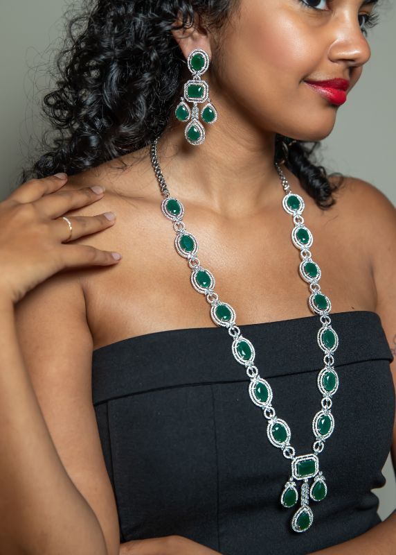 Green Ruby and Diamond Long Pendant Necklace with Earrings