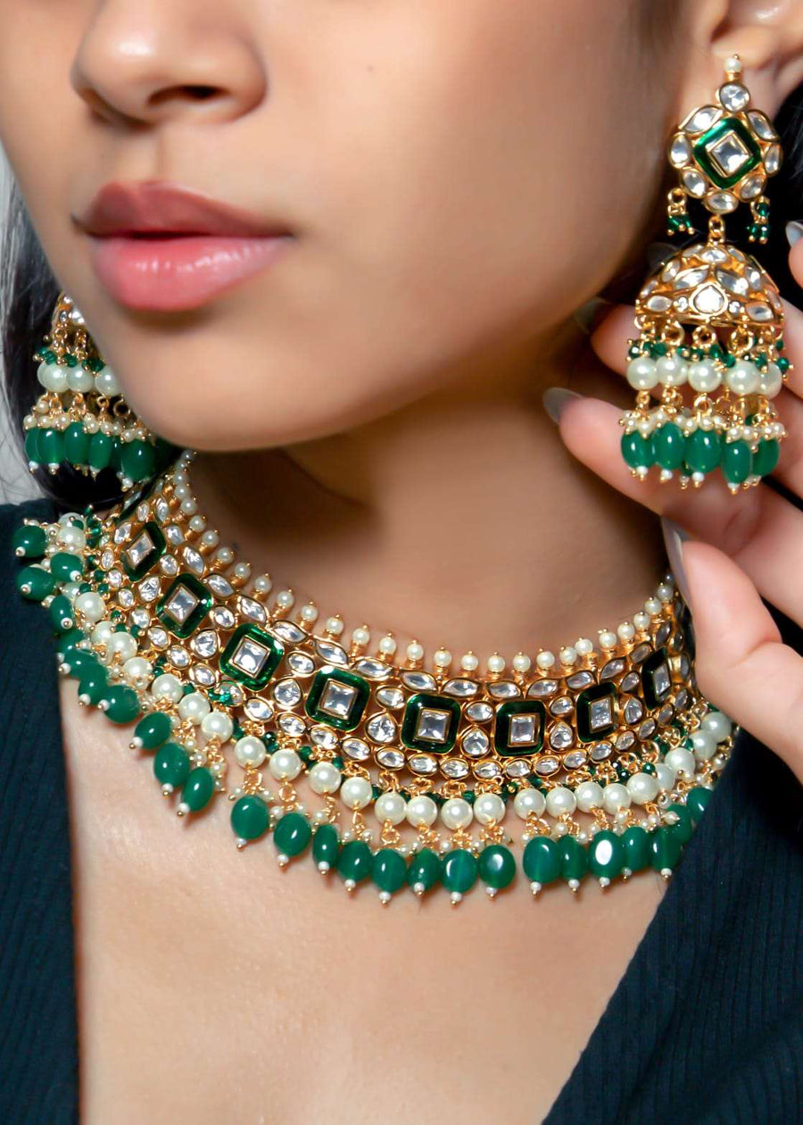 Emerald drop kundan necklace - LABELRM